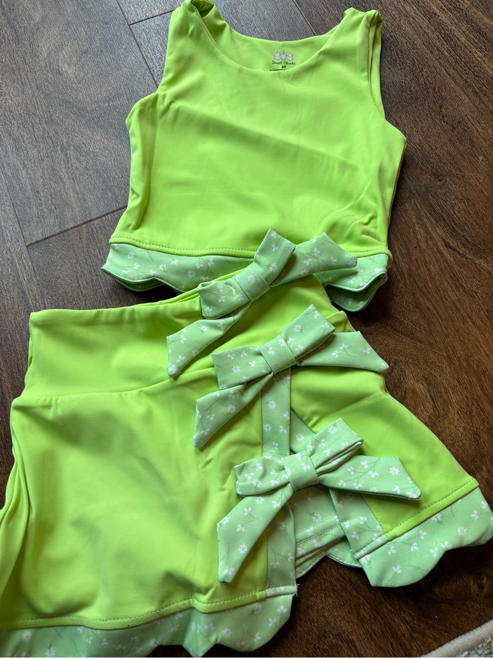 Neon Lime Two-Piece Athletic Set with Bow Accents Attached Shorts